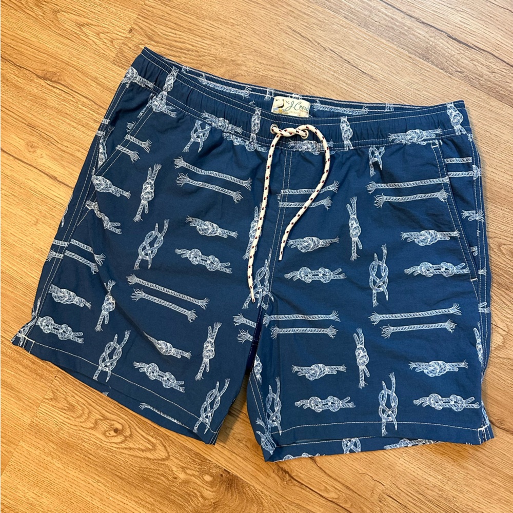 J. Crew 6'' stretch swim trunk in blue and white nautical knot print Size M